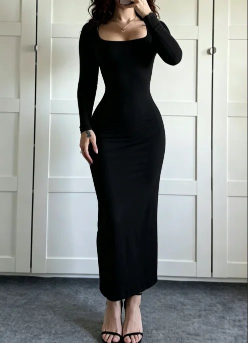 Elegant Square Neck Bodycon Midi Dress