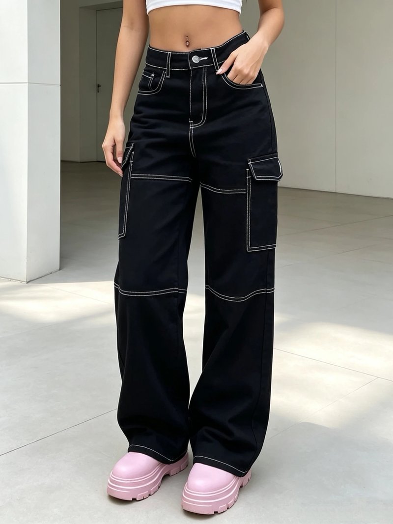 High Waist Black Cargo Jeans