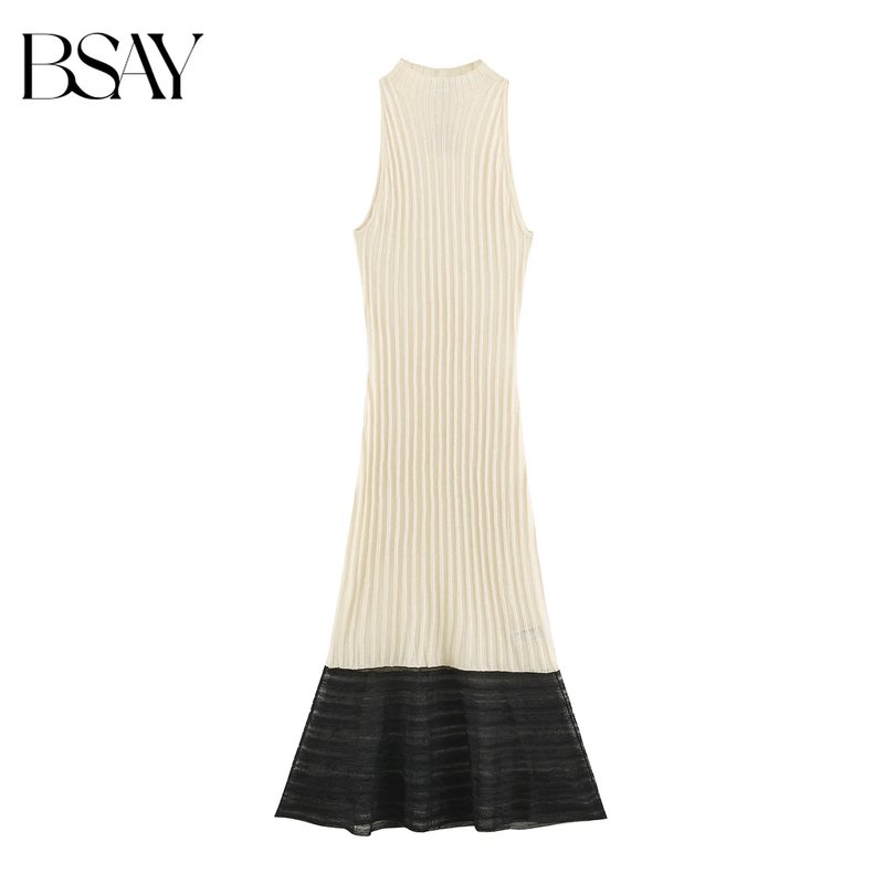 Elegant Contrast Knit Midi Dress