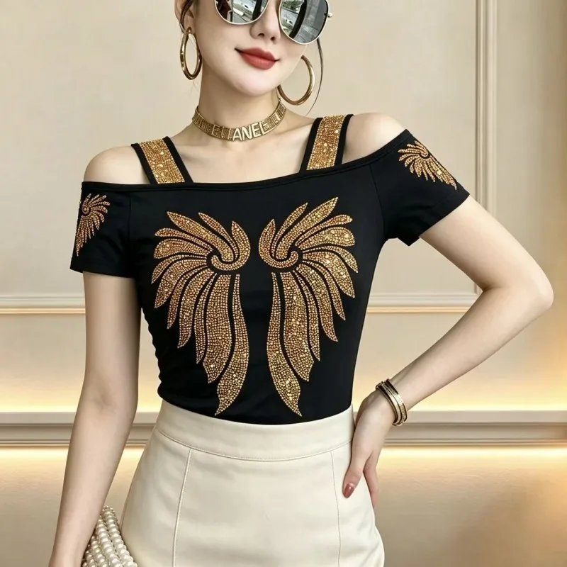 Stylish Off-Shoulder Diamond Mesh Tee