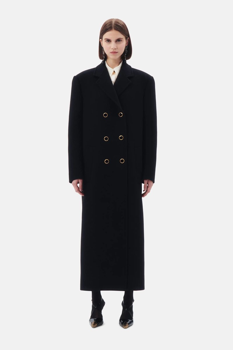 Elegant Black Wool Coat with Gold Buttons