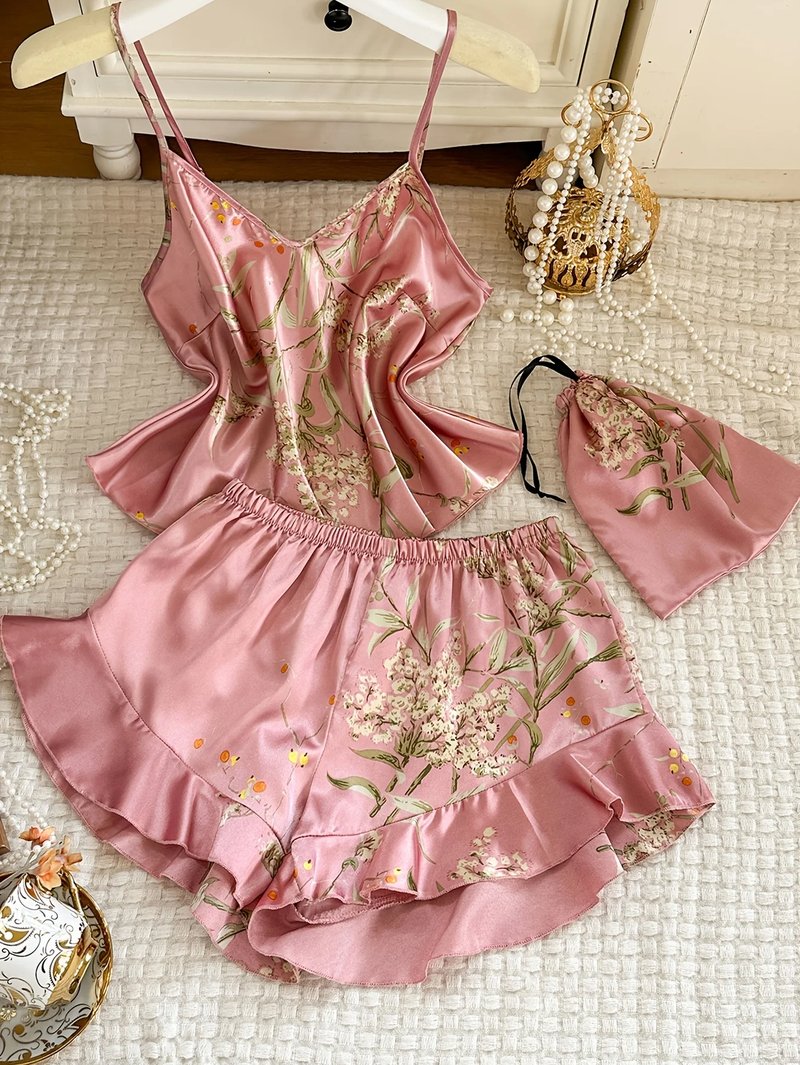 Elegant Cherry Print Satin Pajama Set