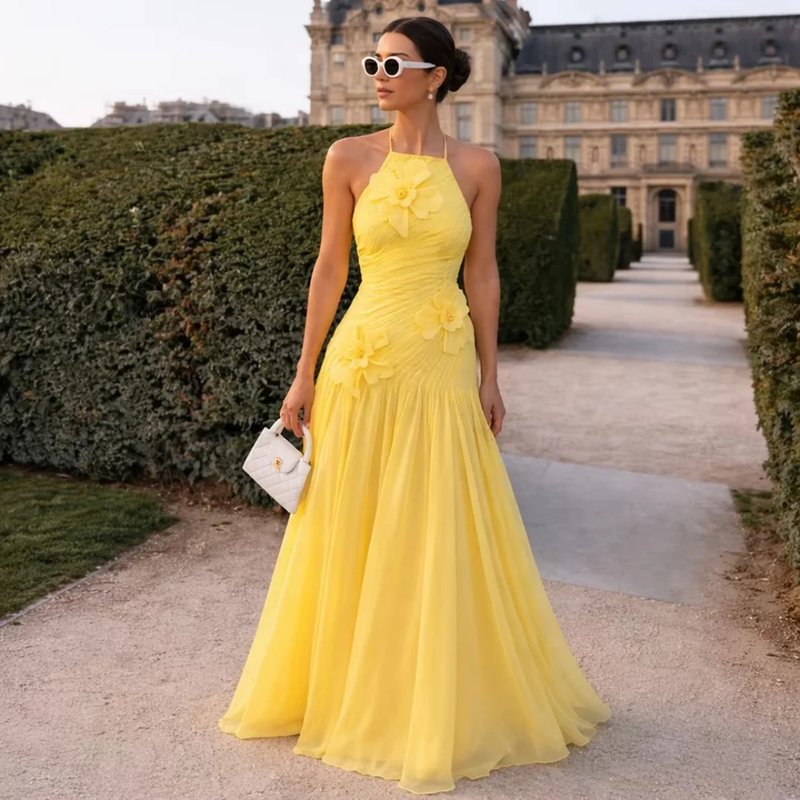 Elegant Yellow Chiffon Evening Gown