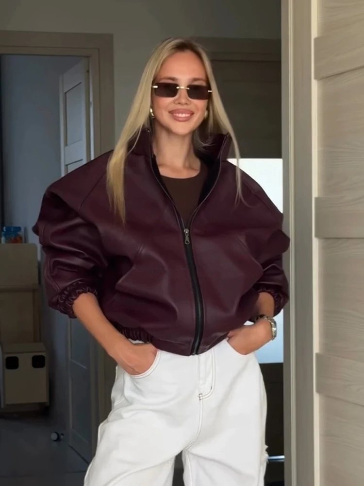Chic Burgundy Faux Leather Jacket