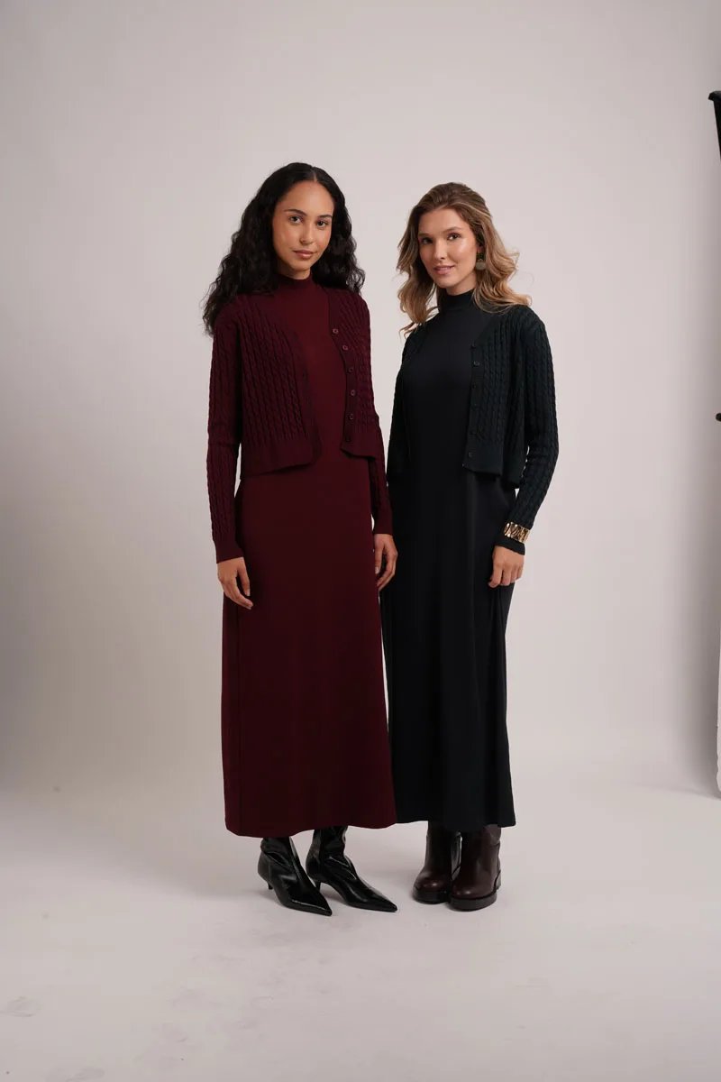 V-Neck Cableknit Cardigan & Dress Set