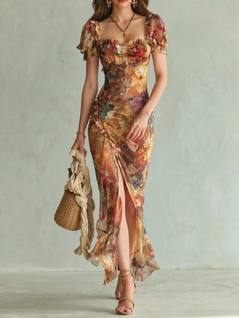 Floral Midi Dress with Ruffle Trim